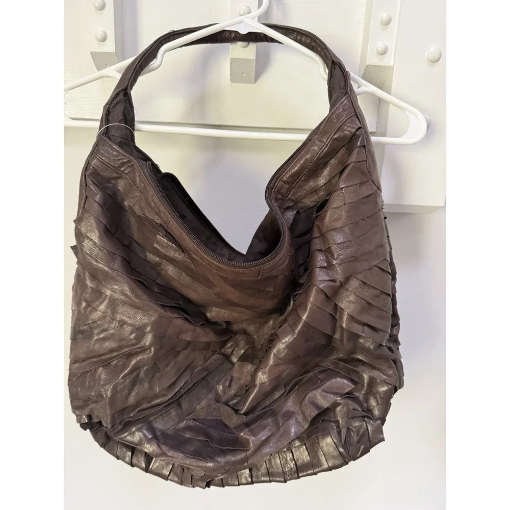 PELLETTERIA VENETA Brown Pleated Zip Hobo Shoulder Bag Genuine Leather